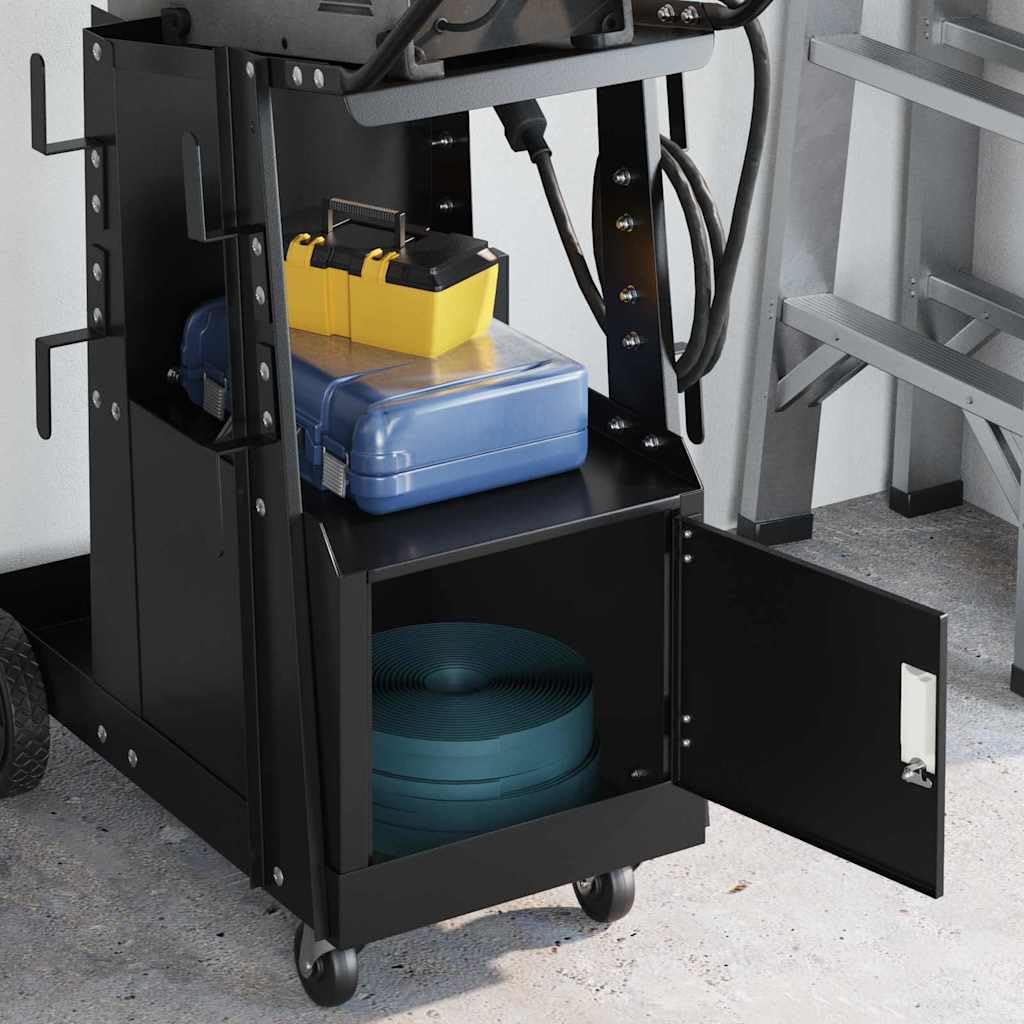 Carro de soldadura profesional de acero con armario con cerradura y ruedas de 360 grados, robusto carro de soldadura negro en acero estable para taller y garaje.