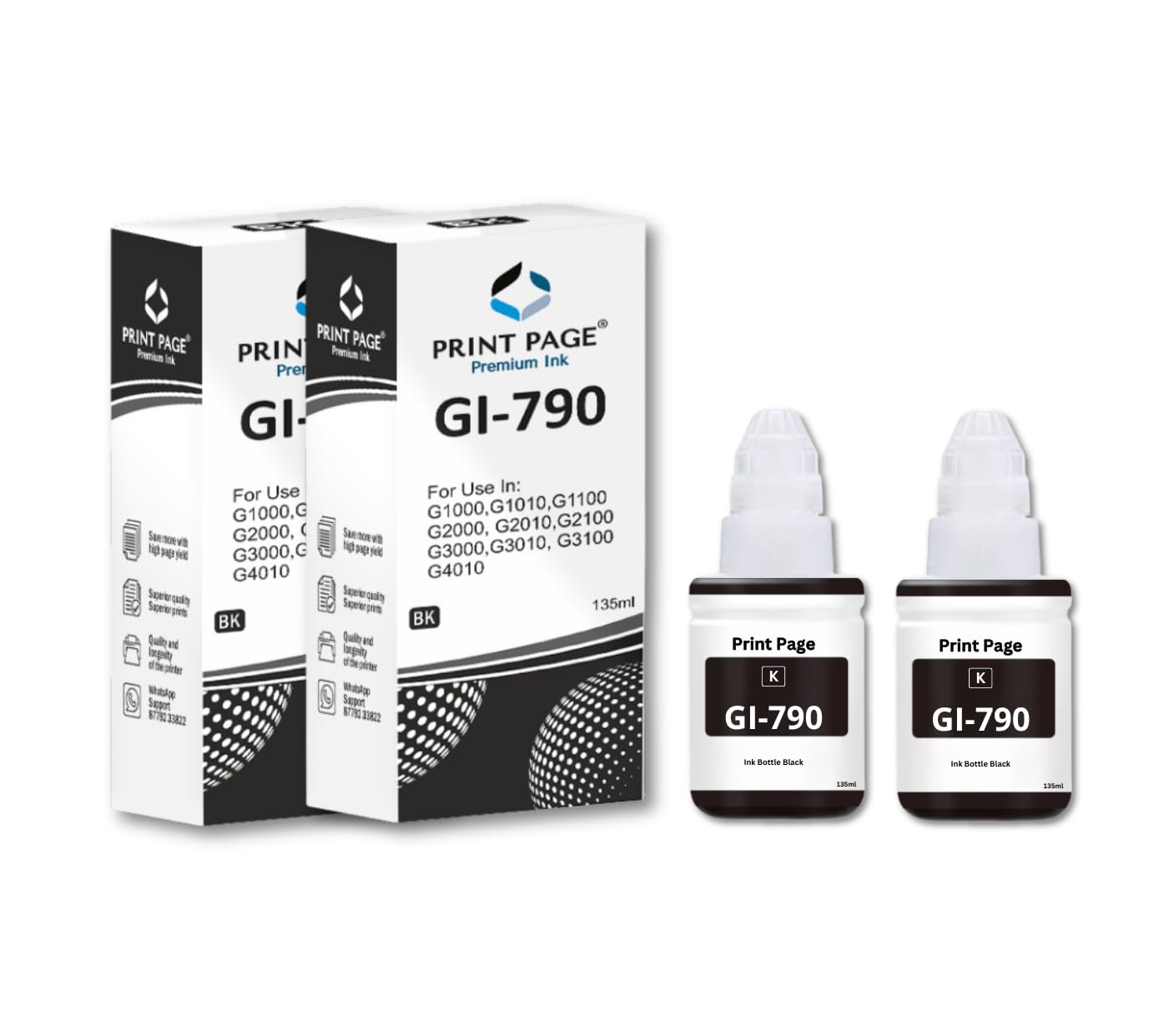 Print Page GI 790 Premium Refill Ink Compatible for Printers G1000, G1010, G1100, G2000, G2010, G2100, G3000, G3010, G3100, G4010 (Black – 2 pcs) (135ml Each) Print Page GI 790 Premium Refill Ink Compatible for Printers G1000, G1010, G1100, G2000, G2010, G2100, G3000, G3010, G3100, G4010 (Black – 2 pcs) (135ml Each)