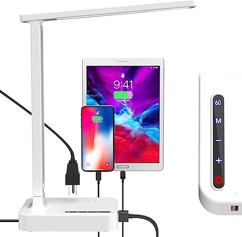Miniatura 7 de Lámparas de escritorio para oficina en casa, lámpara de escritorio LED moderna para dormitorio con 3 puertos de carga USB, 2 tomas de corriente