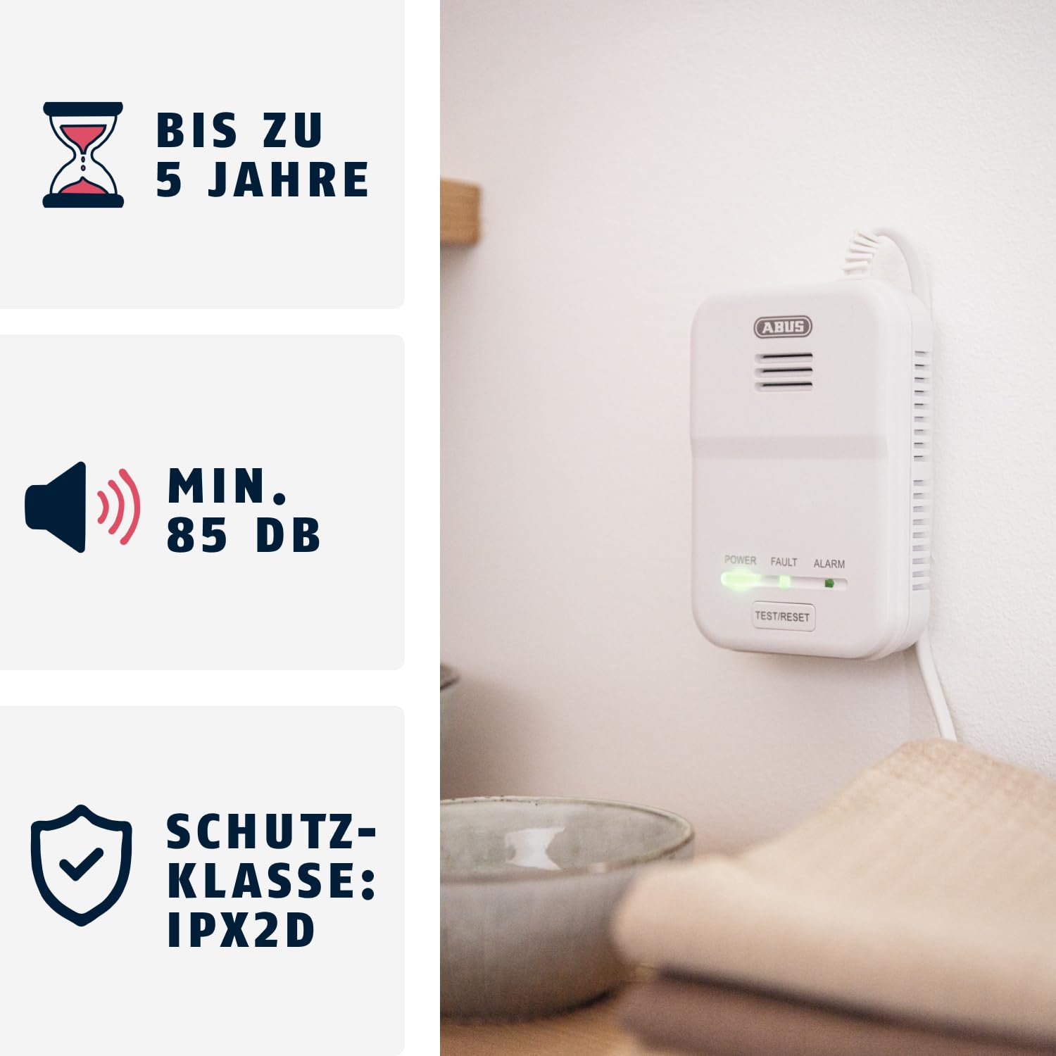 ABUS Gasmelder GWM100ME für Gasthermen - Erdgas (Methan) / Stadtgas - Alarmlautstärke 85 dB - weiß