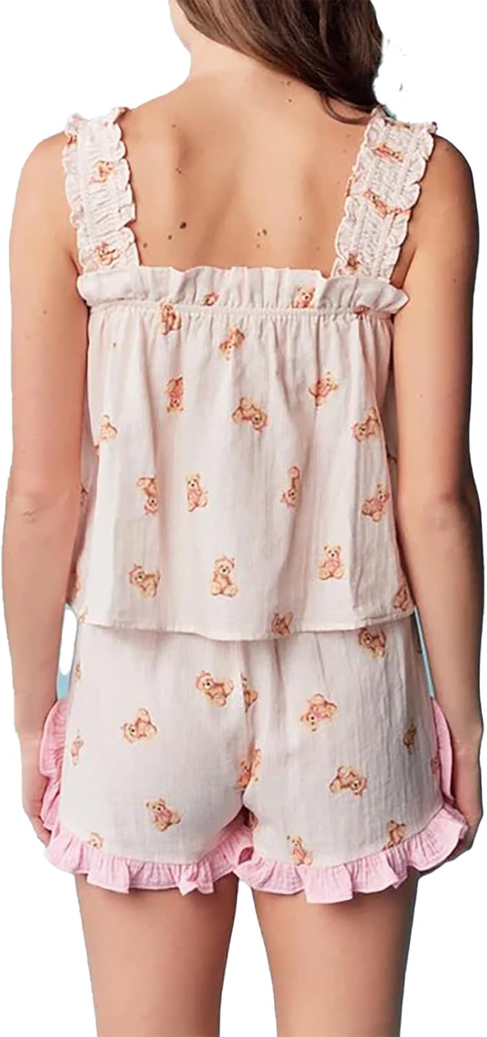 Women Y2K Bear Print 2 Piece Pajamas Set Ruffle Trim Cami Top Elastic Waist Shorts Loose Bowknot Matching Pj Outfits - Image 2