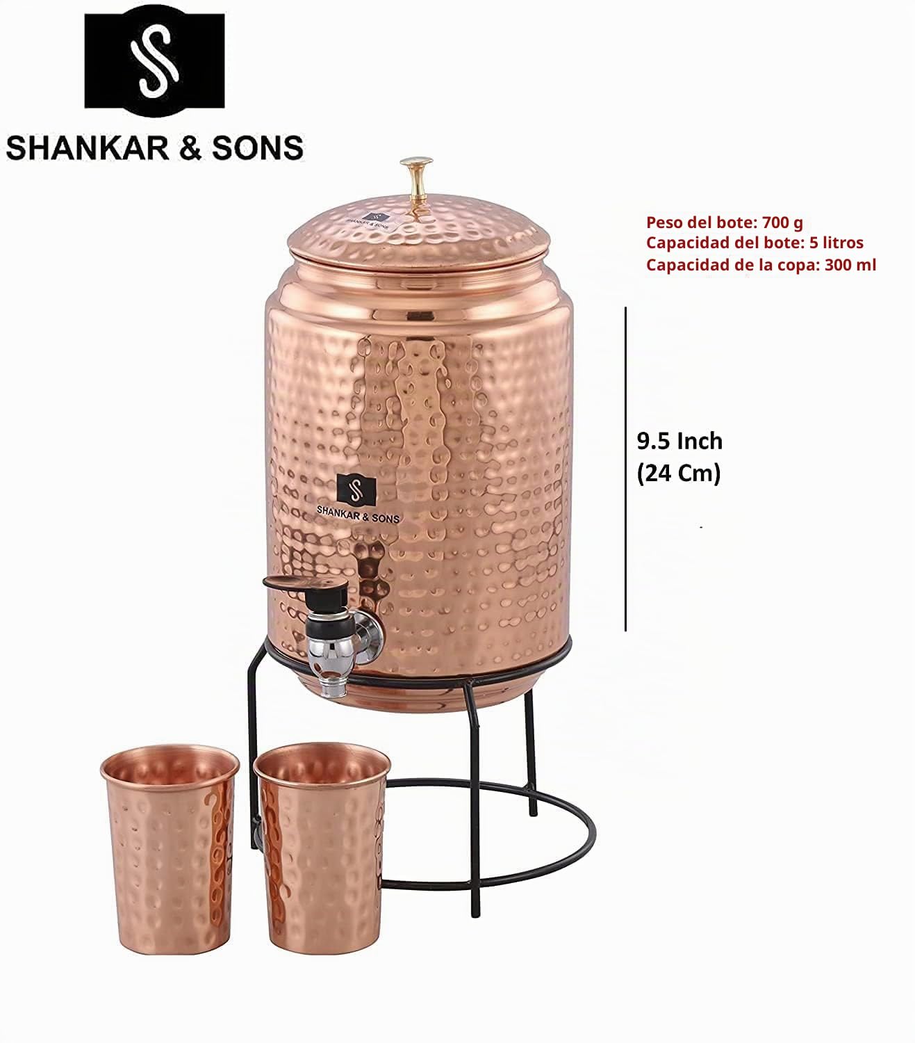 SHANKAR & SONS Dispensador de agua de cobre de 5 litros con soporte y 2 vasos, sin BPA, no tóxico, textura martillada, resistente al óxido y duradero, con beneficios adicionales para la salud del