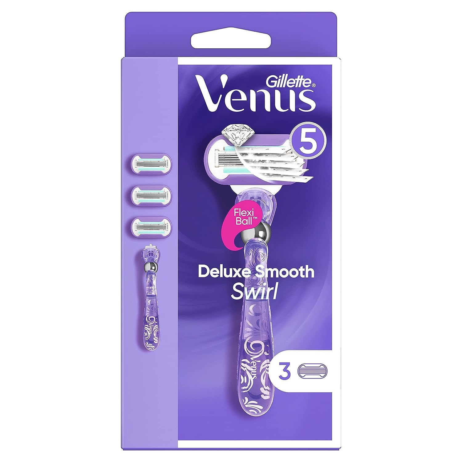 Gillette VenusDeluxe Smooth Swirl Women's Razor Handle + 3 Razor Blade Refills
