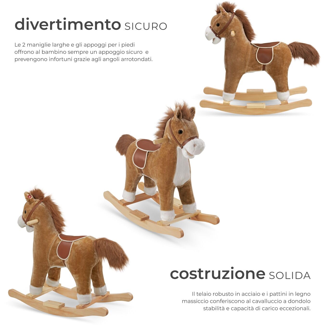 tectake® Cavallo a Dondolo per Bambini dai 24 Mesi, Cavalluccio Marrone Dondolo Neonati in Peluche Morbido, Struttura in Acciaio, Cintura di Sicurezza, con Suoni, Maniglie Poggiapiedi in Legno