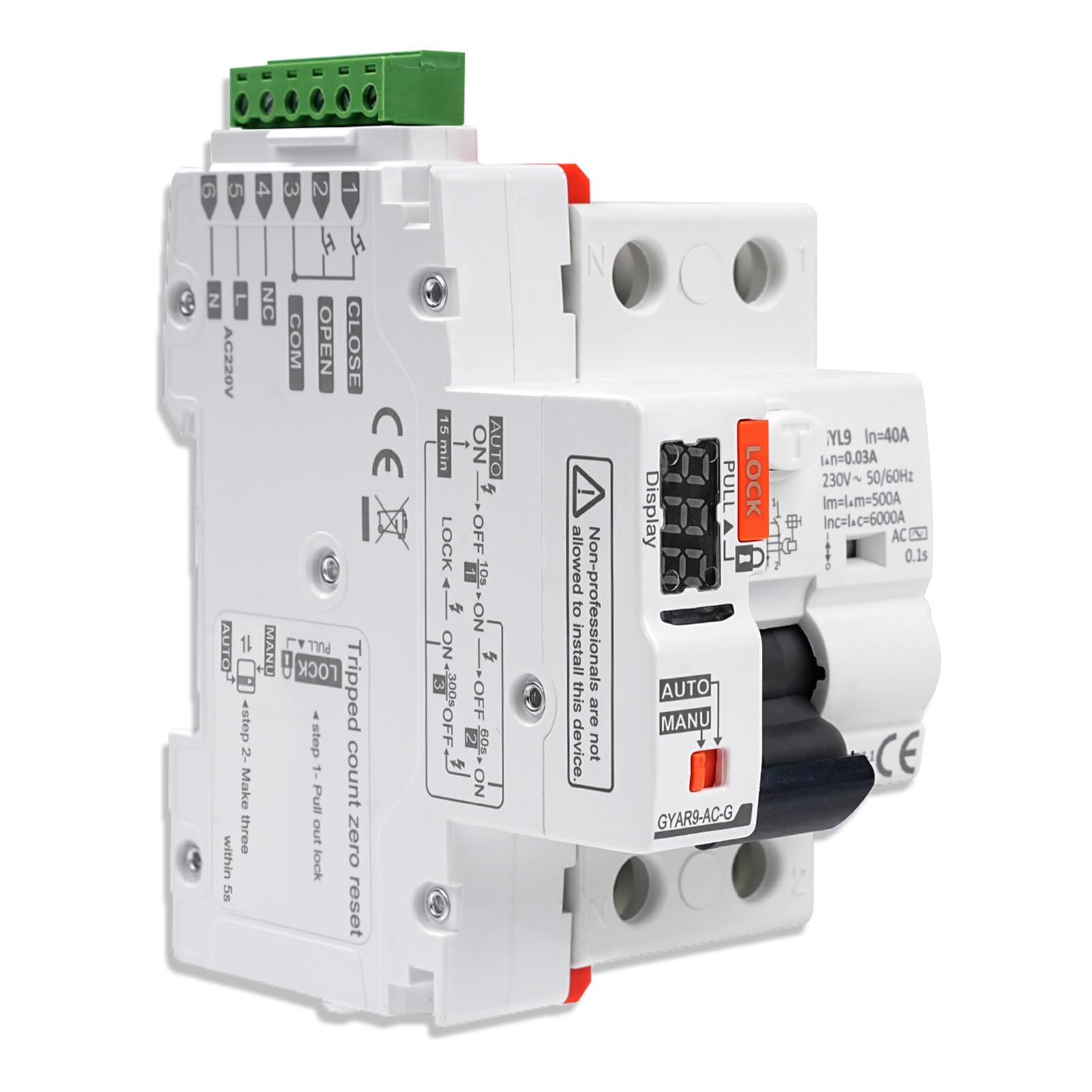 Differenziale Riarmo Automatico, 40A 30mA 2P Salvavita con Riarmo Automatico con LED Display AC230V RCCB interruttore differenziale a riarmo automatico GYAR9-AC-G Tipo AC