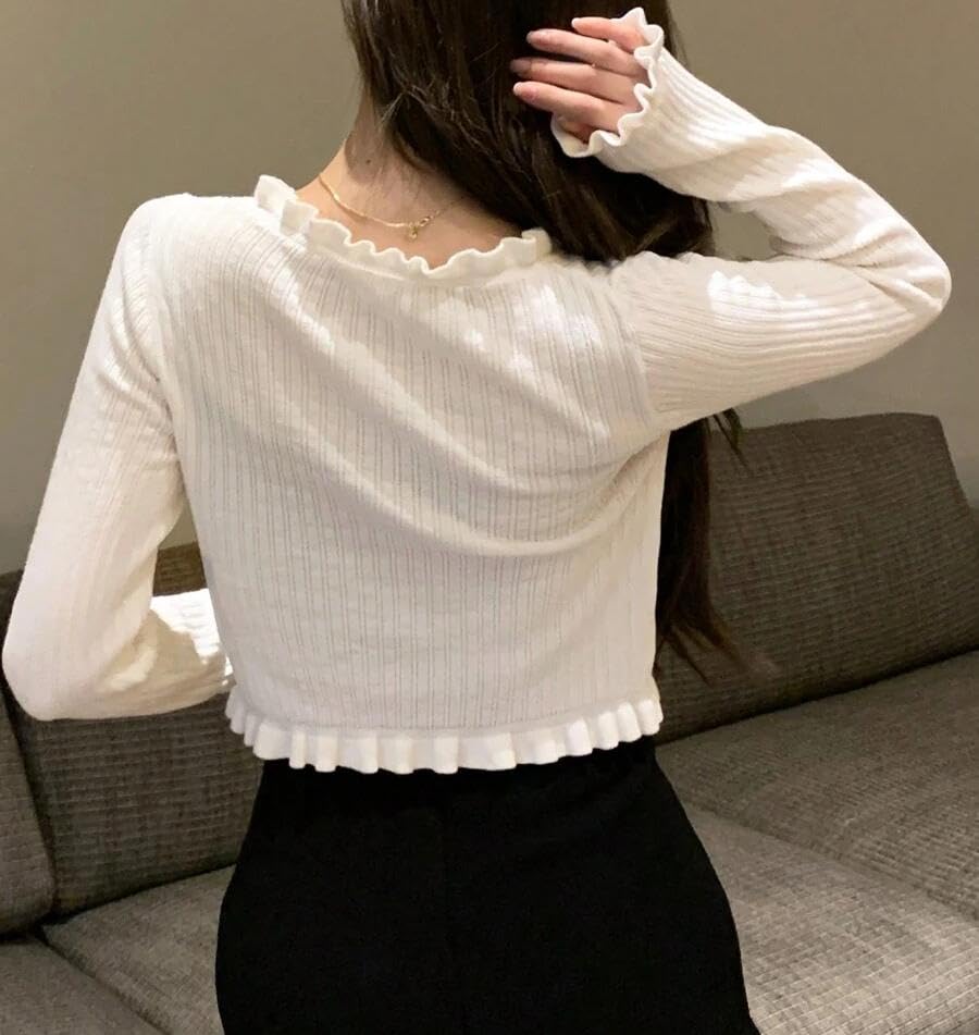 Women Ruffle Trim Tie Knot Ribbed Knit Crop Cardigan Casual Slim Fit Long Sleeve Open Front Crop Sweater Shrugs3