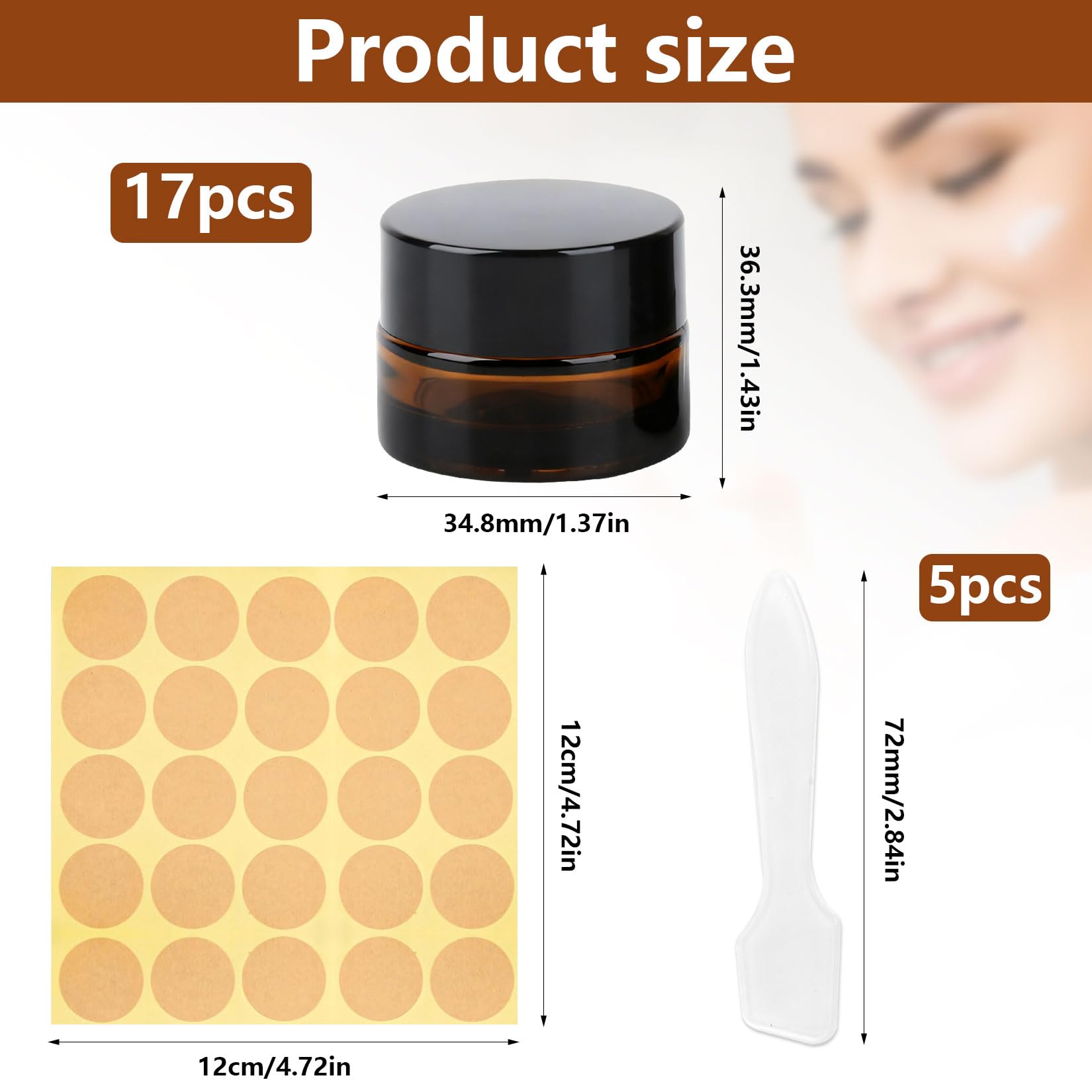 17 Pcs Frascos de Vidrio con Tapa Pequeños, ámbar Tarros de Cristal 5ml, Tarros Vacios para Crema, frascos para cosmeticos lociones de viaje, envases de muestra + 5 cucharas, 25 pegatinas — view 2