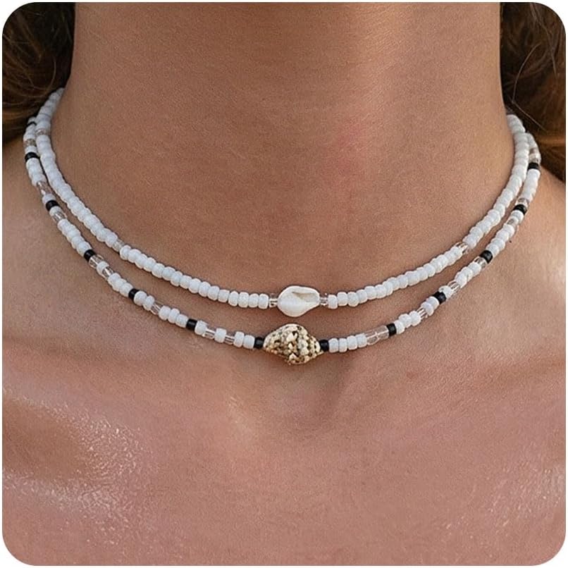 Lameybrt Women's Boho Shell Starfish Layered Beaded Choker Necklace - Beach Vacation Summer Jewelry Gift