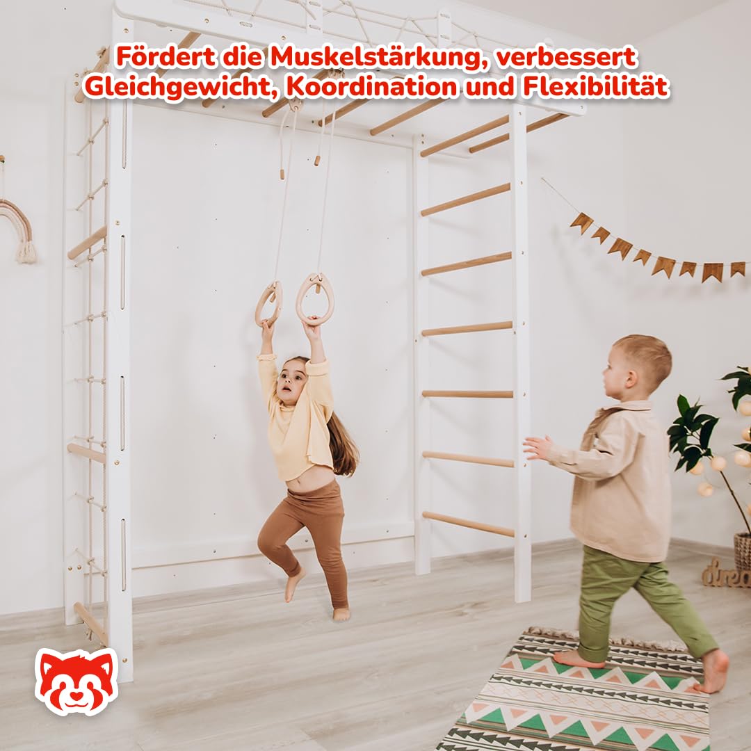 Wood And Hearts Drinnen Schwedische Leiter, Klettergerüst Indoor, Indoor Kletterwand Kinder, Turngeräte in Weiß und natürliche Holzfarbe mit Paar Gymnastikringe