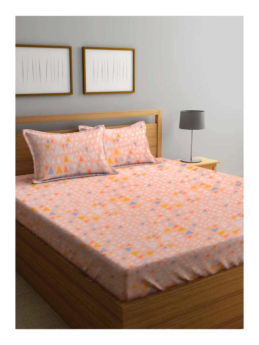Klotthe Peach Geometric Cotton Blend 300 TC Double Bedsheet Set in Book Fold Packing