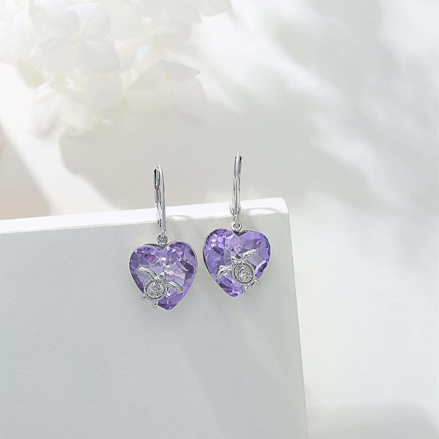 Turtle Earrings for Women Sister 925 Sterling Silver Sea Turtle Dangle Drop Leverback Earrings with Heart Shaped Purple Crystal Animal Ocean Beach Jewelry Gifts for Turtle Lover - Image 4