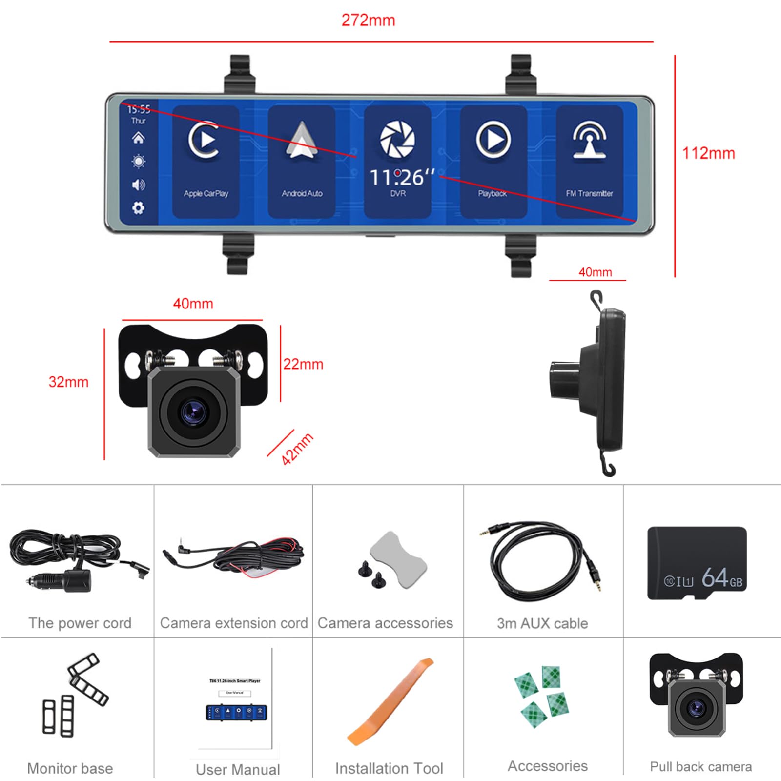 Rétroviseur Dashcam sans Fil Apple Carplay Android Auto 11.26 Pouces Écran Tactile Mirror Dashcam avec Caméra Frontale Caméra de Recul Bluetooth/Commande Vocale/Émetteur FM/Aide au Stationnement