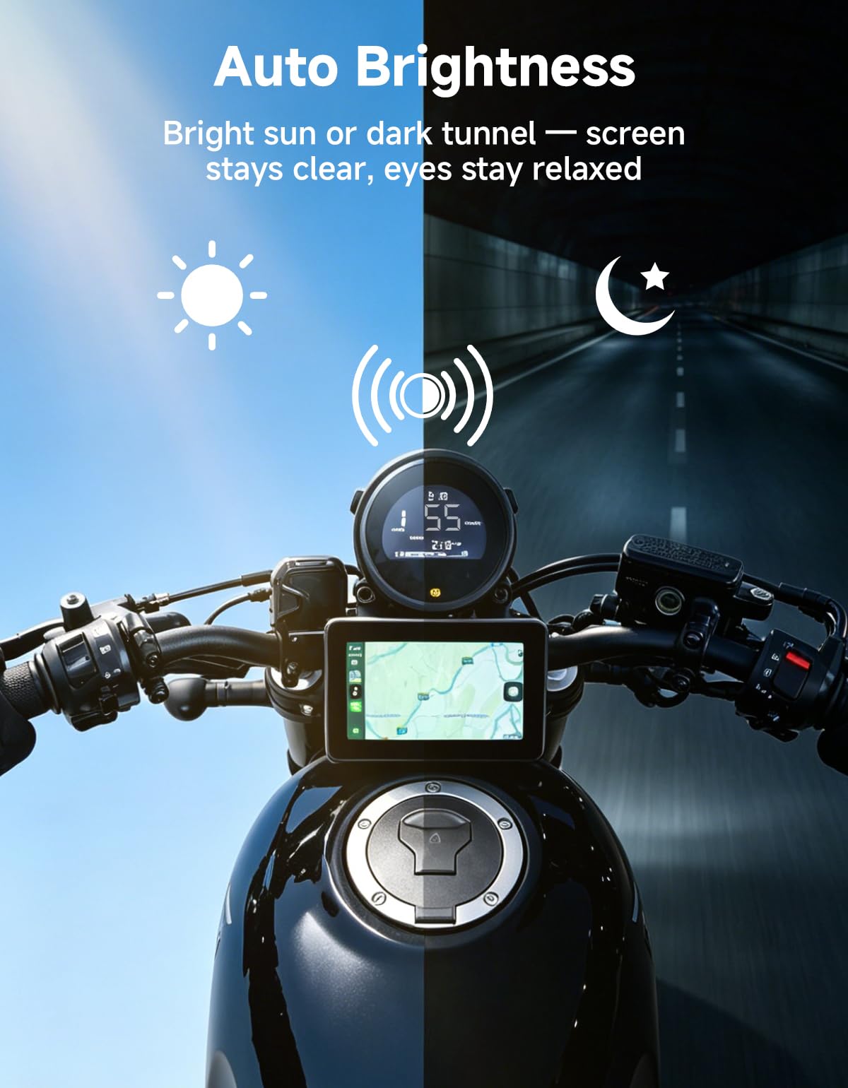 KEMIMOTO Schermo CarPlay per Moto 5 Pollici, Wireless Apple CarPlay e Android Auto, Navigazione GPS Moto IP67 Impermeabile, Compatibile con Guanti, Luminosità Automatica, Schermo HD a Colori