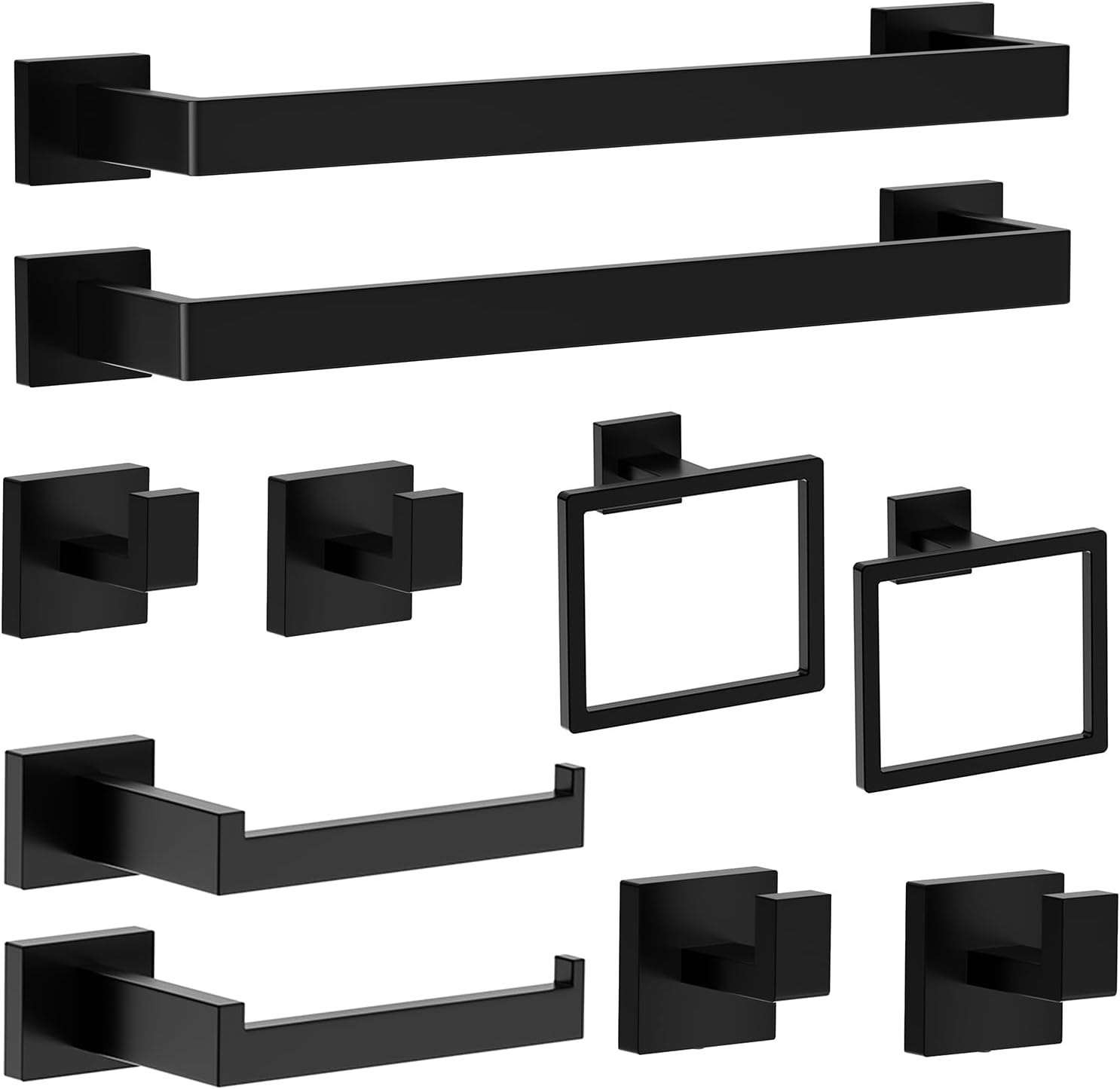10-Piece Matte Black Bathroom Hardware Set, 16 Inch Towel Bar Set with Towel Bars, Hooks, Toilet Paper Holders | Modern Bathroom Fixtures & Accessories Kit