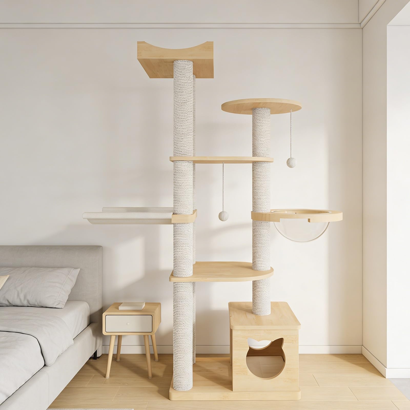 Albero Tiragraffi A Torre, Centro Attività Minimalista per Gatti con Palline Sospese E Capsula Spaziale, Mobile Salvaspazio per Gatti Ideale per Piccoli Appartamenti