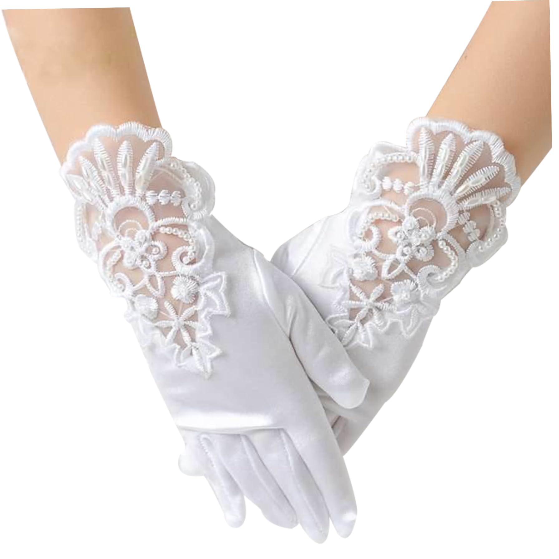 KUYYFDS Lace Gloves White Wedding Flower Girls Gloves Bridesmaid Child Short Satin Gloves Fancy Costume Princess Gloves for Communion White Girls 1-3 Years Old, M