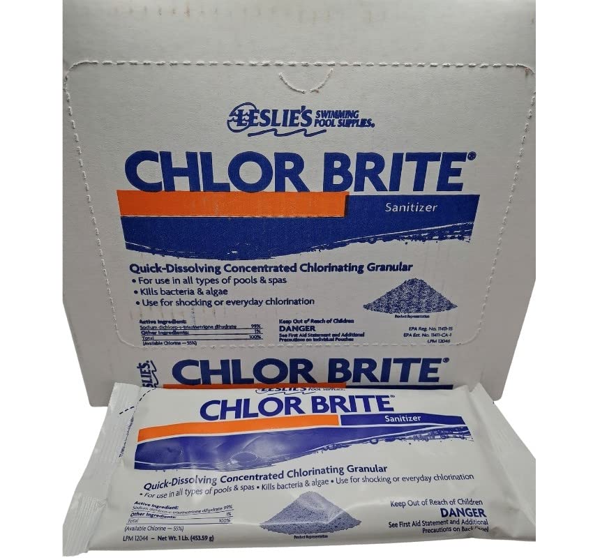 Leslie's Chlor Brite Pool Shock for Swimming Pools, Spas, and Hot Tubs - Granular Stabilized Sodium Dichlor Sanitizer - 12 x 1 Pound Bags LPM 18750
