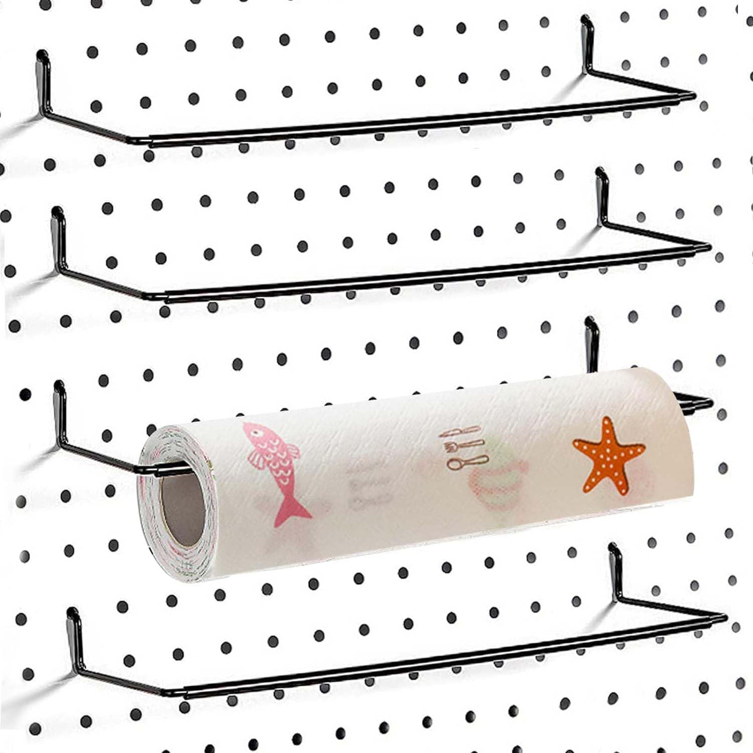 AccEncyc 4 Pack Pegboard Towel Holder Pegboard Hooks for Paper Towels, Kitchen Towels, Stickers, Tapes Great Peg Board Organizer Accessories for Workshop, Garage, Kitchen