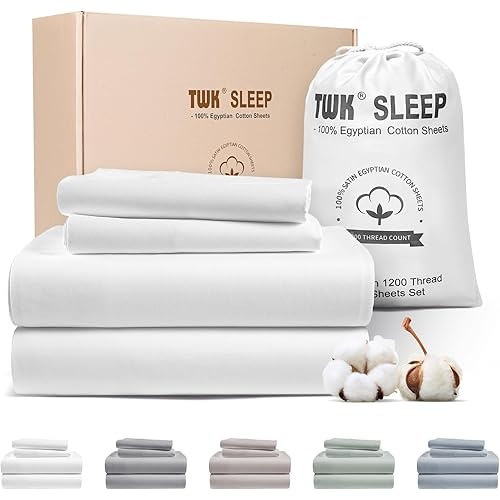 TWK 1200 TC 100% Egyptian Long-Staple Cotton Bedding Sheets Set, Luxury Hotel Style Deep Pocket with Elastic Reinforced Seams Sheet Set, Soft & Comfy Natural Sheets (White, King)