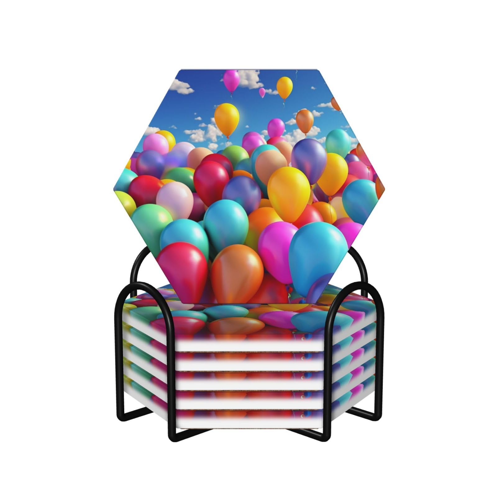 Dessous de verre en céramique lot de 6 avec support métal et liège ballons colorés