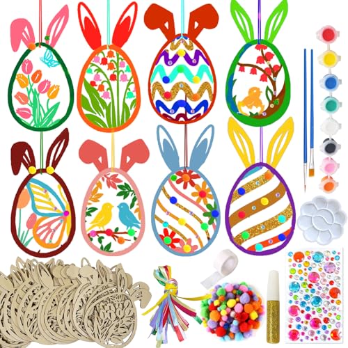 Beafaeur 108 Pièces Ornements en Bois de Pâques, Pendentifs en Bois à Peindre avec Trou, Bricolage Paques Enfant, Bricolage Lapin DIY Oeuf a Peindre, Cadeau...