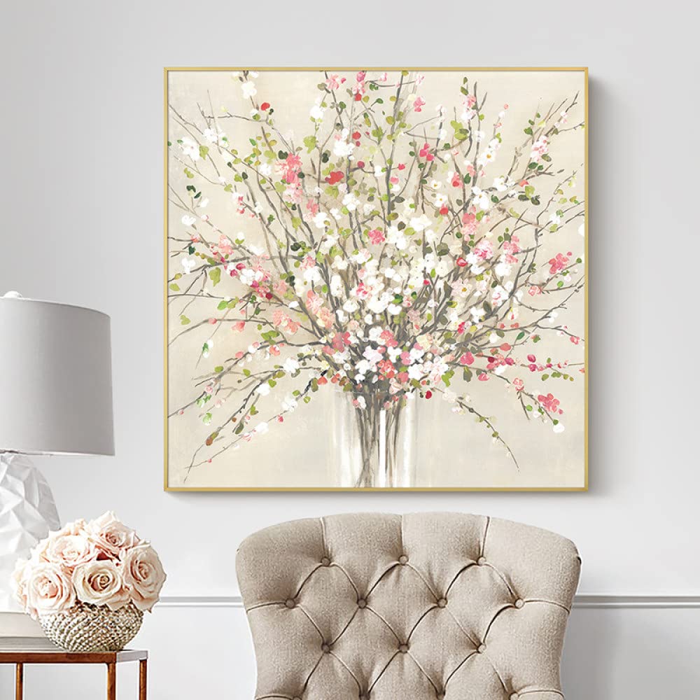 Tableau De Peinture sur Toile, Texture Colorée Fleur De Pêcher Branche Vase Oeuvre Abstraite Moderne Peinte À La Main Peintures À l'huile sur Toile pour Famille Mur Salon Salle À Manger M