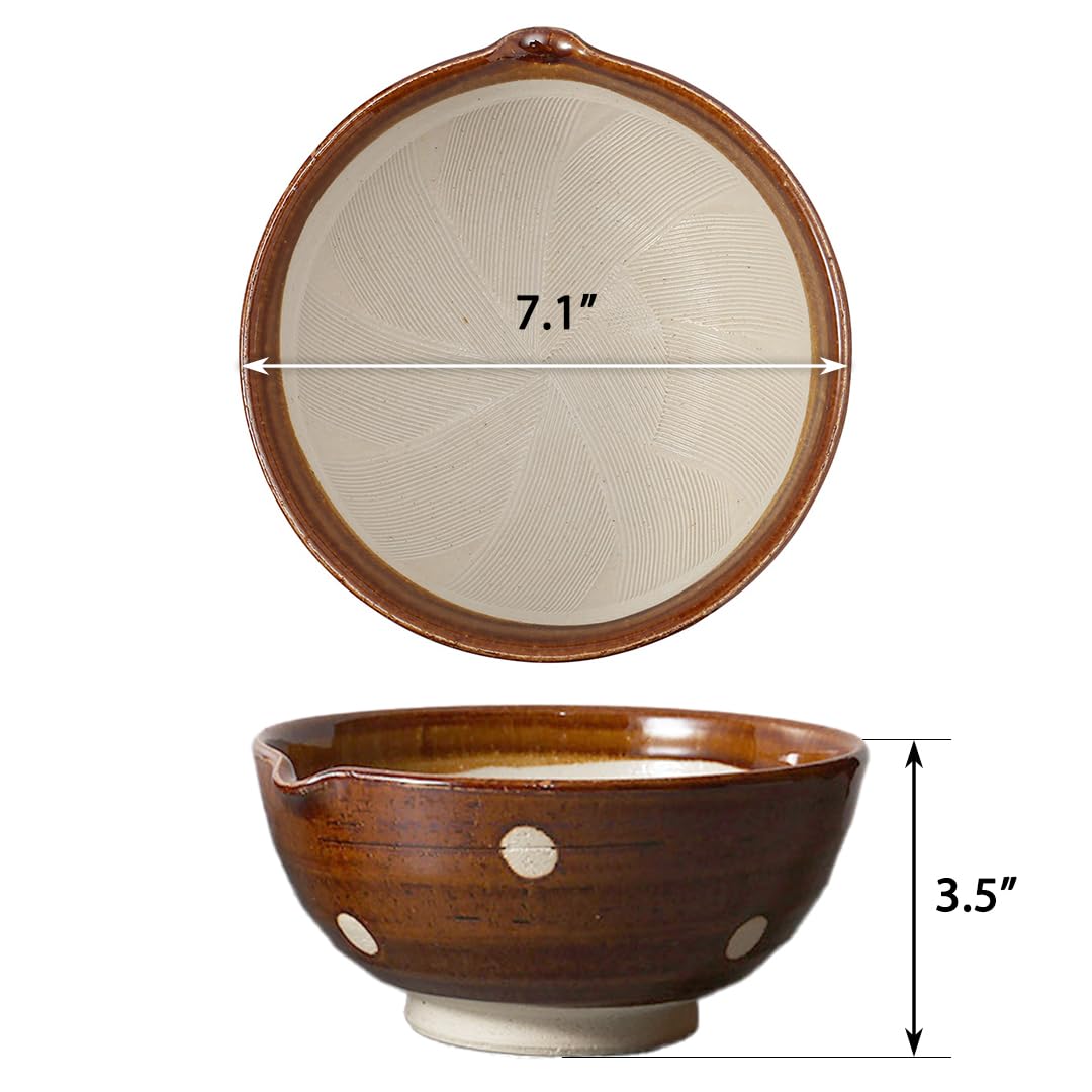 TIKUSAN Mortero y mortero de cerámica Ripple Ridge (Suribachi y Surikogi) con boquilla de 18 cm, fabricado en Japón (marrón)