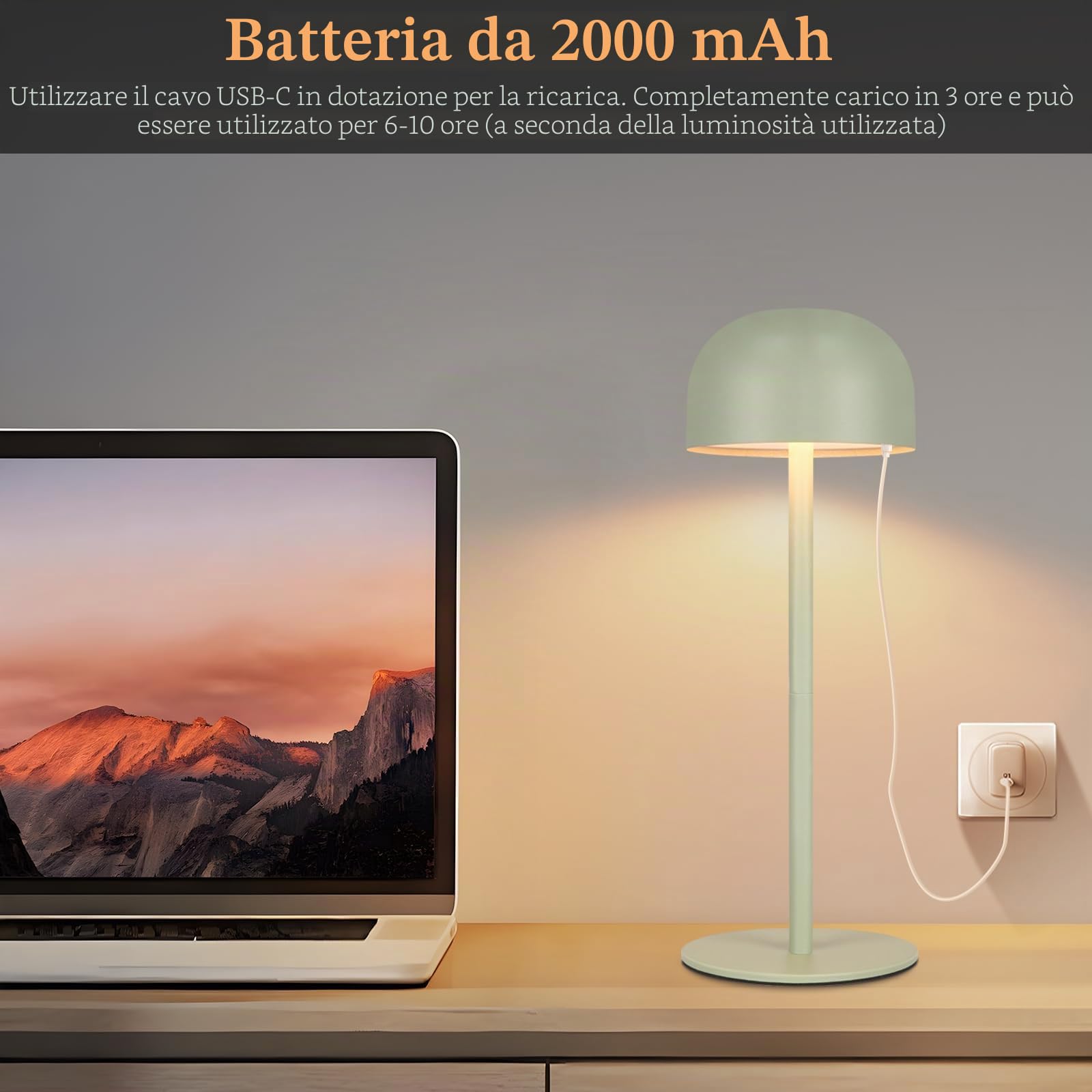 Homefire Lampada da tavolo a LED senza fili, 2 pezzi: touch dimmabile, 3 temperature di colore ricaricabile, batteria regolabile, portatile, impermeabile, verde