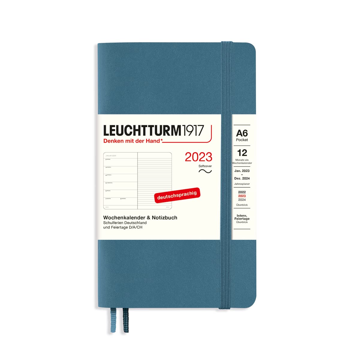 LEUCHTTURM1917 365713 Weekly Calendar & Notebook Softcover Pocket (A6) 2023, 12 Months, Stone Blue, German