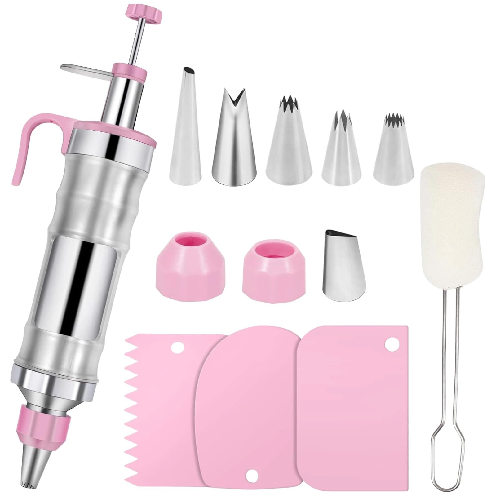 13-teiliges Kuchen-Dekorationsset, Spritzbeutel mit Edelstahl-Tüllen, Buttercreme-Dekorationsset, Glatte Schaber, Backzubehör für Cupcake-Dekoration, Pink