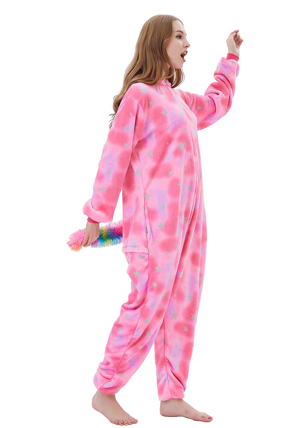 ABENCA Pijama enterizo de unicornio de forro polar para mujer, disfraz de una pieza para adultos, diseño de animales de dibujos animados, Navidad, Halloween, cosplay, C - Unicornio rosa, S