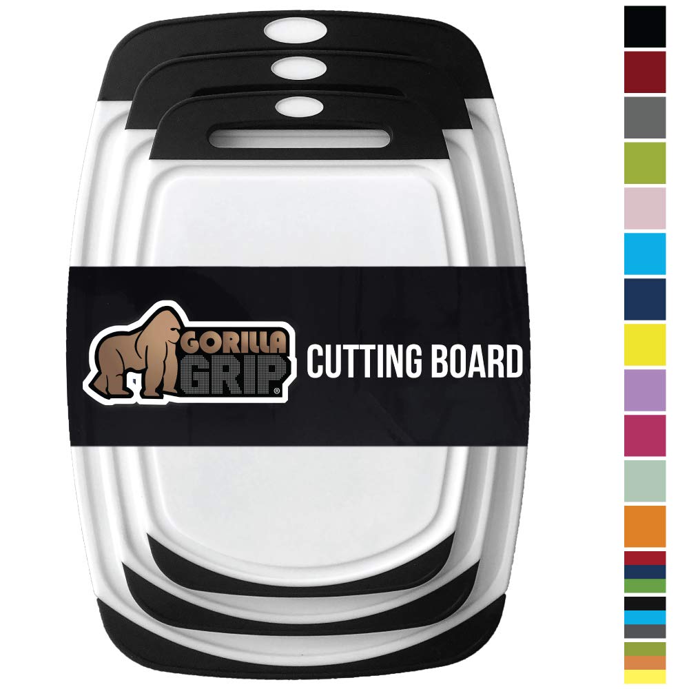 Gorilla Grip Original Oversized Cutting Board, 3 Piece, BPA Free, Dishwasher Safe, Juice Grooves, Larger Thicker Boards, Easy Grip Handle, Non Porous, Extra Large, Kitchen, Set of 3, Black