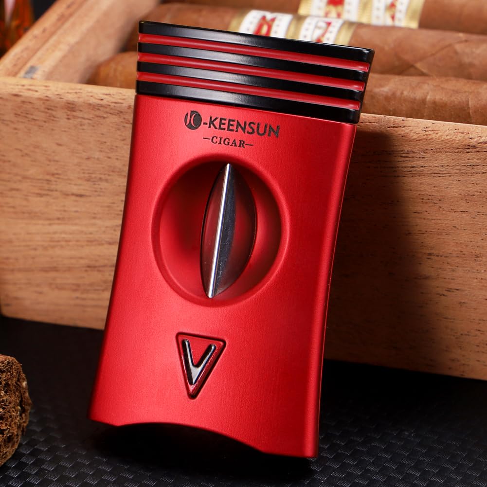 KEENSUN 3-in-1 Zinc Alloy V-Cut Cigar Cutter (Red) with Cigar Holder on The Back and Cigar Punch at The Bottom, 60 Ring Gauge - Image 4
