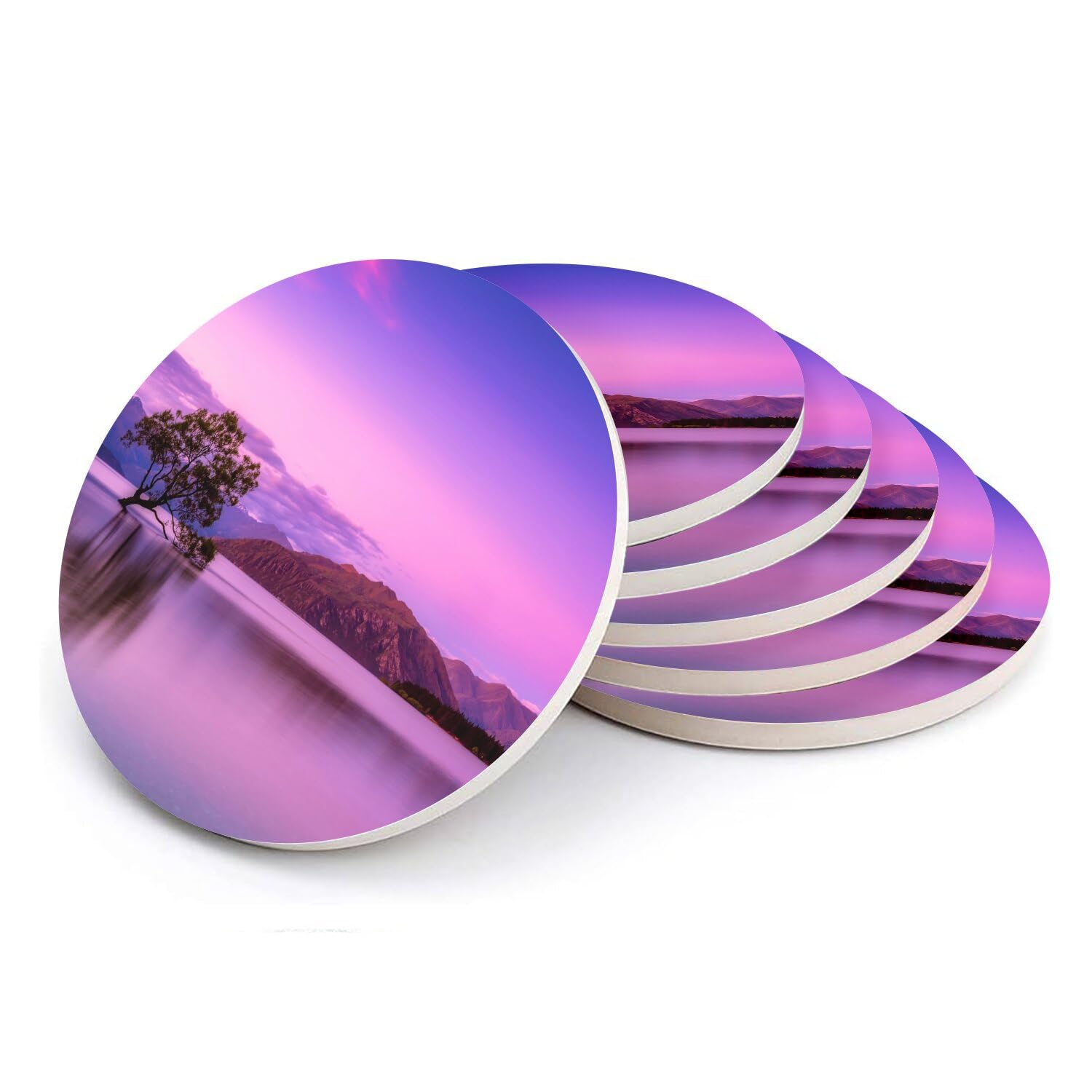 Sous verre ronds en céramique motif soleil levant rose pour table lot de 6