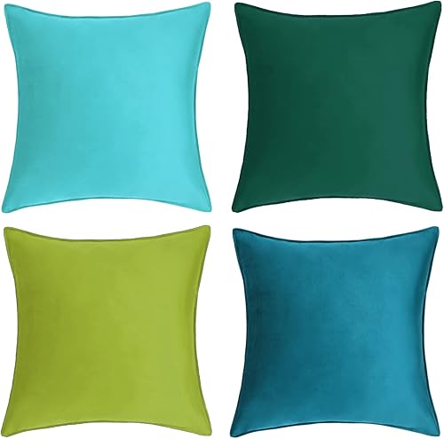 Zufudo Juego de 4 fundas de almohada de terciopelo de 16 x 16 pulgadas, suaves, cuadradas, verde y azul, fundas de almohada decorativas para sofá y