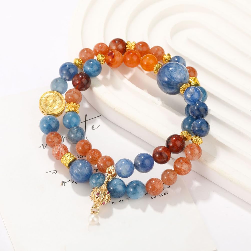 Bracelet en Cyanite Naturelle, Pierre de Soleil et Agate Rouge – Bijoux en Perles de Cristal Bleu, Or et Rouge pour la Communication, la Joie et la vitalité, Cadeau élastique