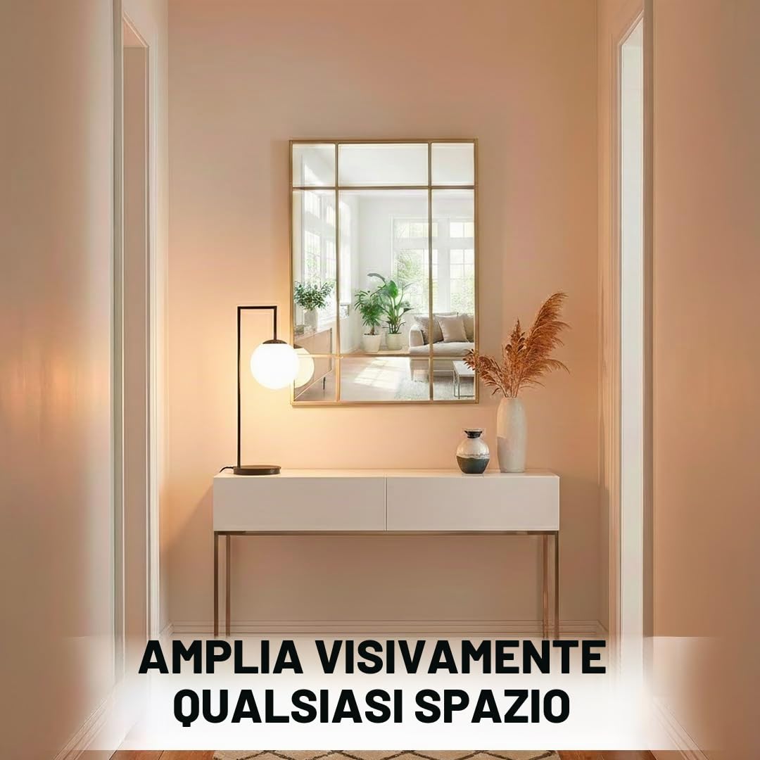 Marctani Specchio da parete per finestra, 90 x 60 cm, specchio industriale decorativo con cornice in metallo, design rettangolare effetto finestra per ingresso, ingresso e soggiorno