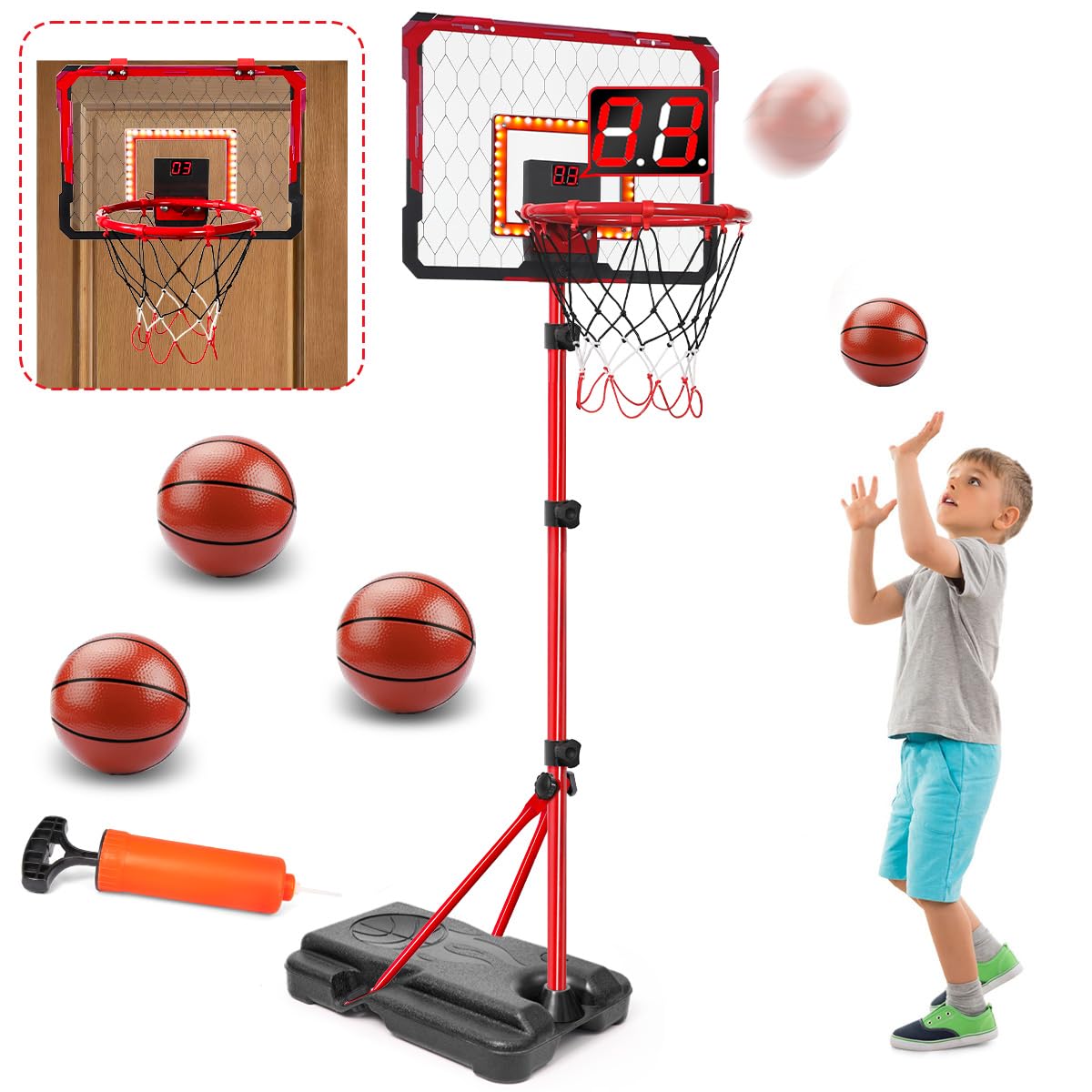 Meland Kids Basketball Hoop, 2-in-1 Adjustable Toddler Basketball Hoop with Electronic Scoreboard Indoor Outdoor Toys for Kids Toddlers Outside Toys