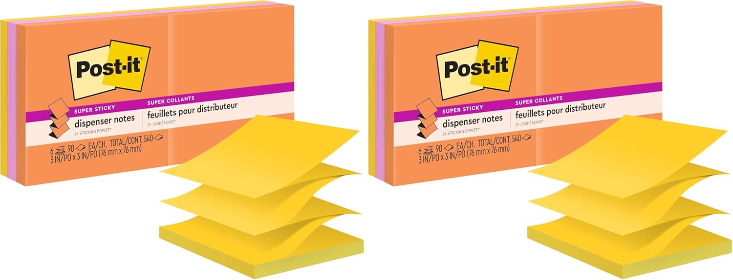 Post-it Super Sticky Dispenser Pop-up Notes, 6 Sticky Note Pads, 3 x 3 in., 2X the Sticking Power, Back to School Supplies for Students, Memo Pads for Textbooks, Energy Boost Collection (Pack of 2)
