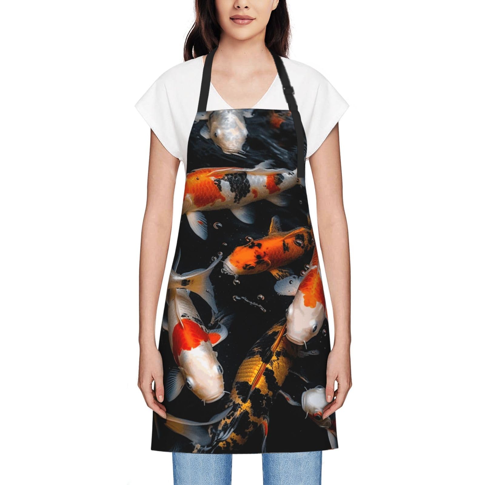 COWMGHLDFL Cooking Aprons for Men Women Bib with 2 Pocket Fancy Koi Carp Fishes Adjustable Aprons Chef Bibs for Baking