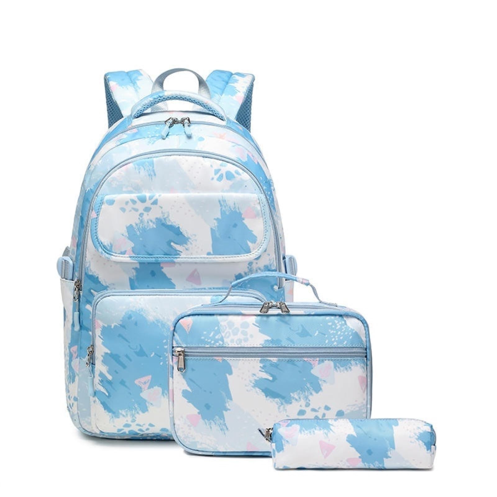 Zaino da Viaggio Blu Bianco Graffiti Art 3-in-1 Set Scuola Resistente all'Acqua con Borsa Pranzo E Custodia A Matita per Gli Studenti