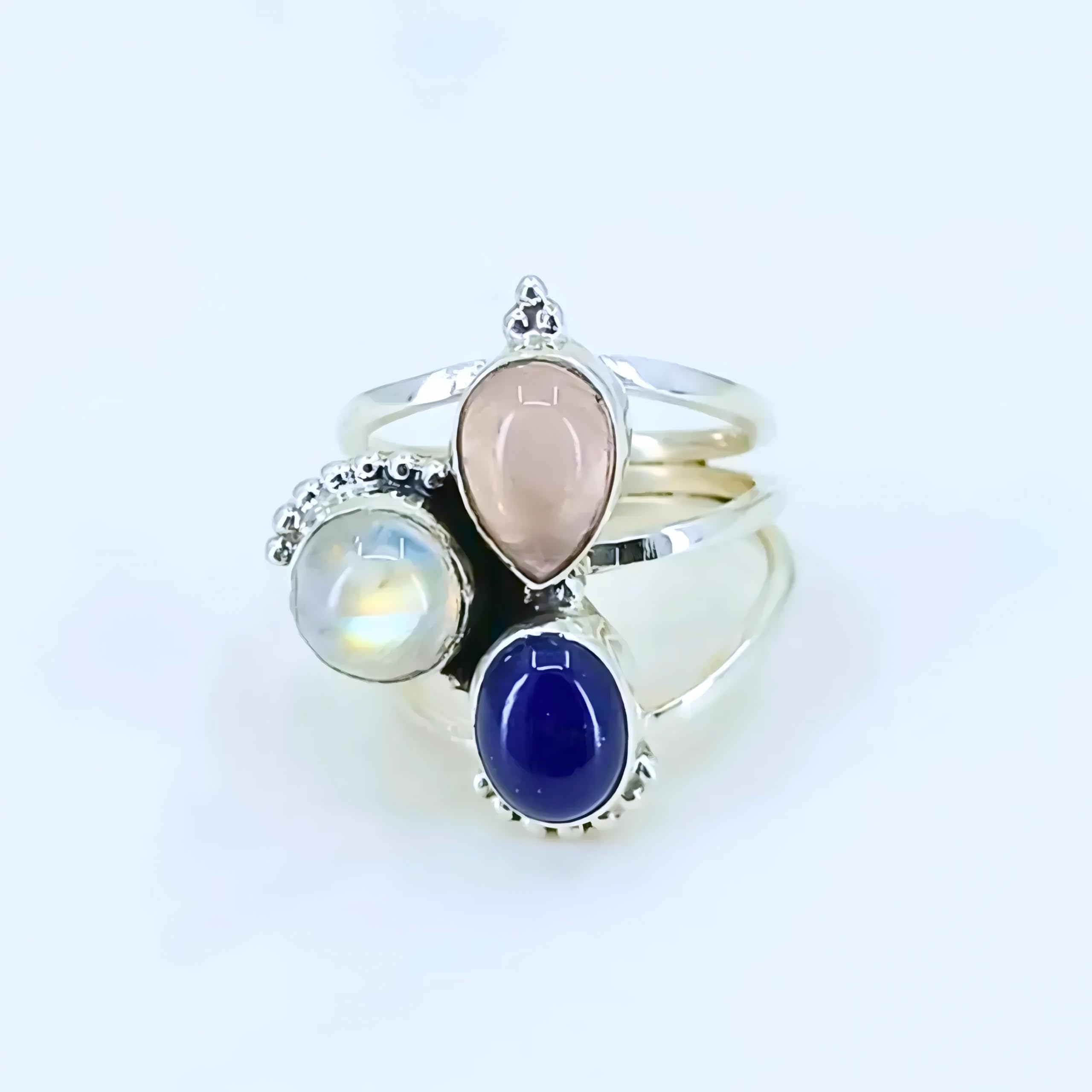 Dreifach-Edelstein aus 925er Sterlingsilber (Lapislazuli, Regenbogenmondstein, Rosenquarz) Statement-Damenring 14 bis 22 DE