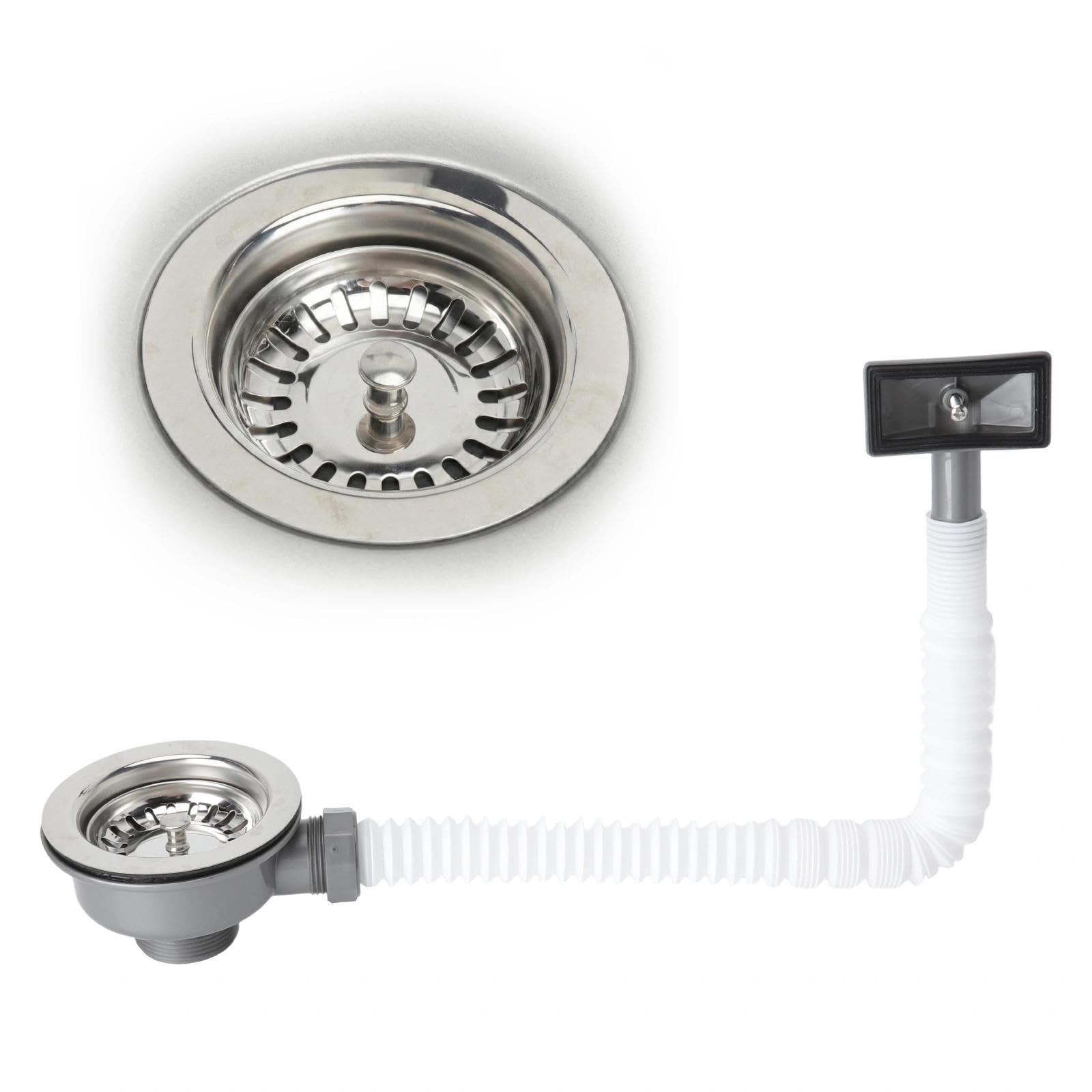 VOSSOT Siphon Küchenspüle 114 mm – Ablaufgarnitur Spüle mit Eckigem Überlauf & Edelstahl Siebkorb, Universelle Siphon Waschbecken für Küche & Bad, Modernes Design Im Europäischen Stil,Hochwasserschutz