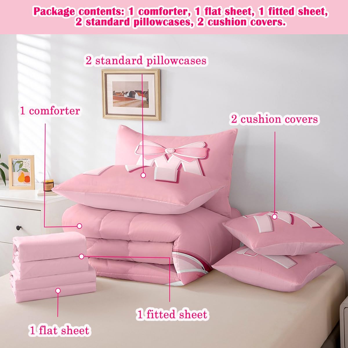 jejeloiu Pink Bowknot Bed Set, Full Size, Decor Gifts for Women Teen Girl Ultra Soft Personalized Initial M 7 Pieces Beeding Set, Girly Romantic Bed in a Bag with Comforter, Sheets, Pillowcases