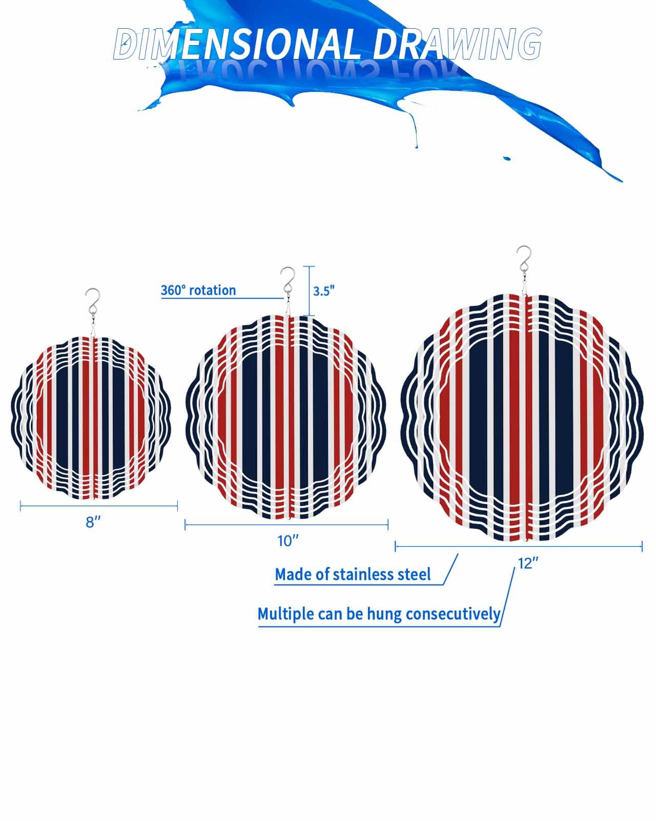 Retro Wind Spinners, Dark Blue Red Stripes Hanging Wind Spinners for Yard and Garden 3D Stainless Steel Metal Sculptures Crafts Ornaments 10 Inch
