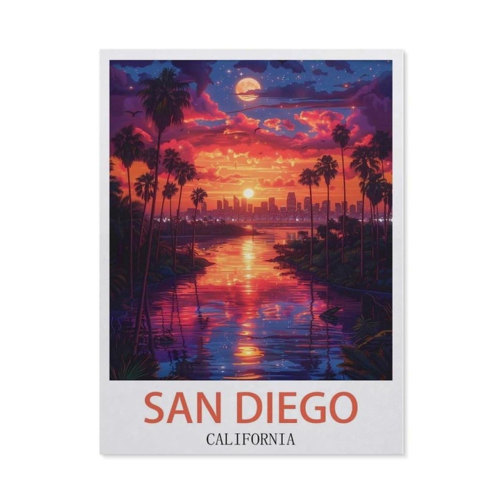 Beayodkp （40 X 50 Cm/15.74 X 19.68 Inches） 5D Diy Diamond Painting Kit，San Diego California Vintage Travel Posters，Round Resin Diamond Cross Stitch, Home Decoration Gift-Cg13