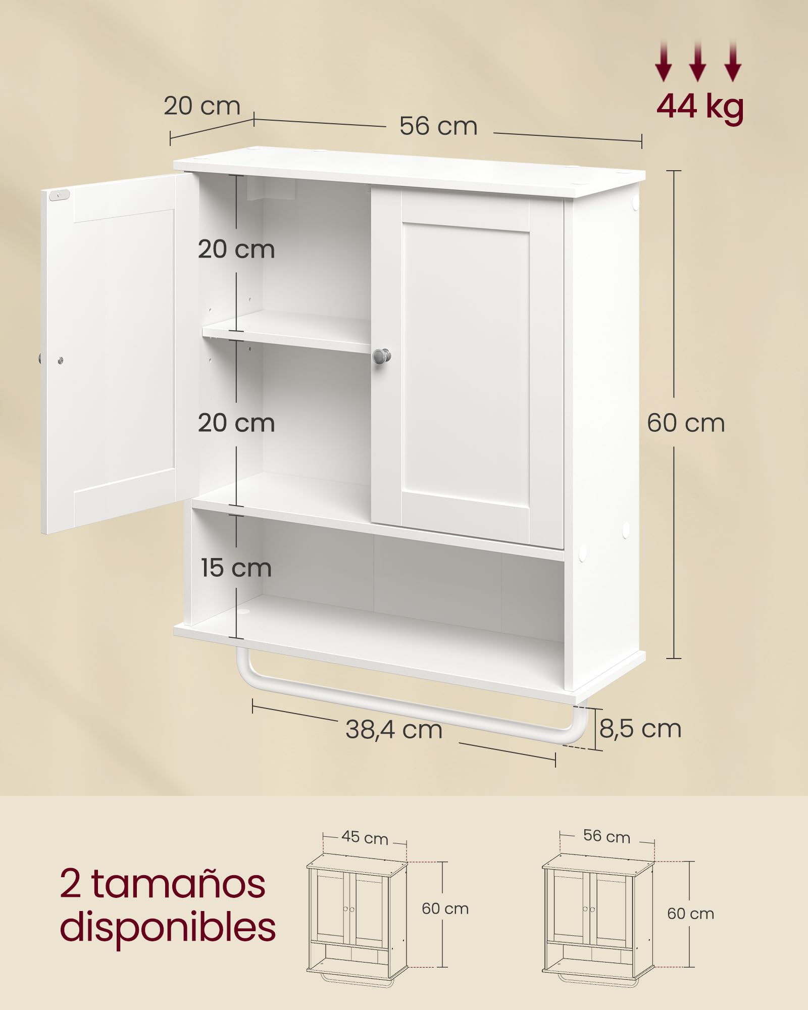 VASAGLE Siren Colección - Mueble de Baño Colgante con Barra para Toallas, Armario de Pared con Estante Abierto, Estante Ajustable y Puertas, Estilo Rústico, Blanco Nube BBK149WB01