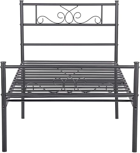 Miniatura 6 de Weehom Base de cama de tamaño individual con cabecero, plataforma negra, cama estándar de acero para niños y niñas, no necesita somier