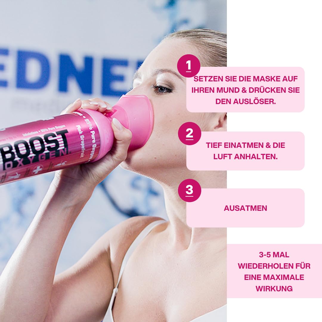 Boost Oxygen Sauerstofflasche für Unterwegs mit 95% Sauerstoff - 54L, 6x9L Sauerstoffdose mit Sauerstoffmaske für mehr als 900 Inhalationen- mobiler Sauerstoff Inhalator (Rosa Grapefruit Geschmack)