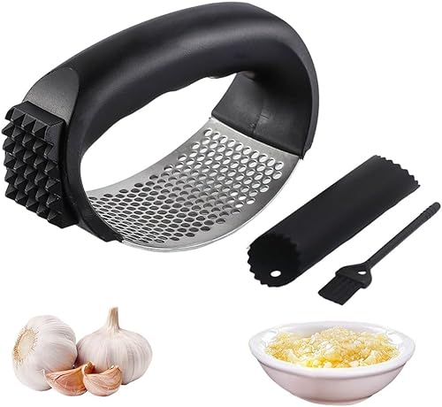 Balancín de prensa de ajo, prensa de ajo de acero inoxidable 2025, trituradora de ajo con pelador y cepillo de limpieza, picadora de ajo para